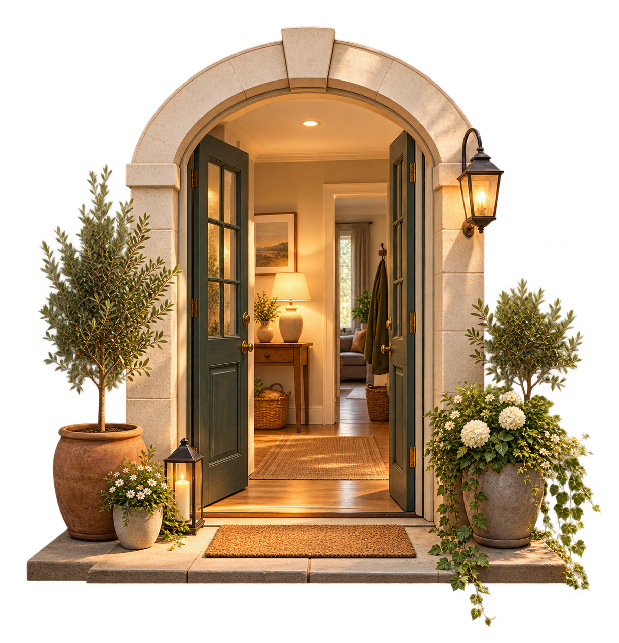 Illustration of an open doorway into a warmly lit home