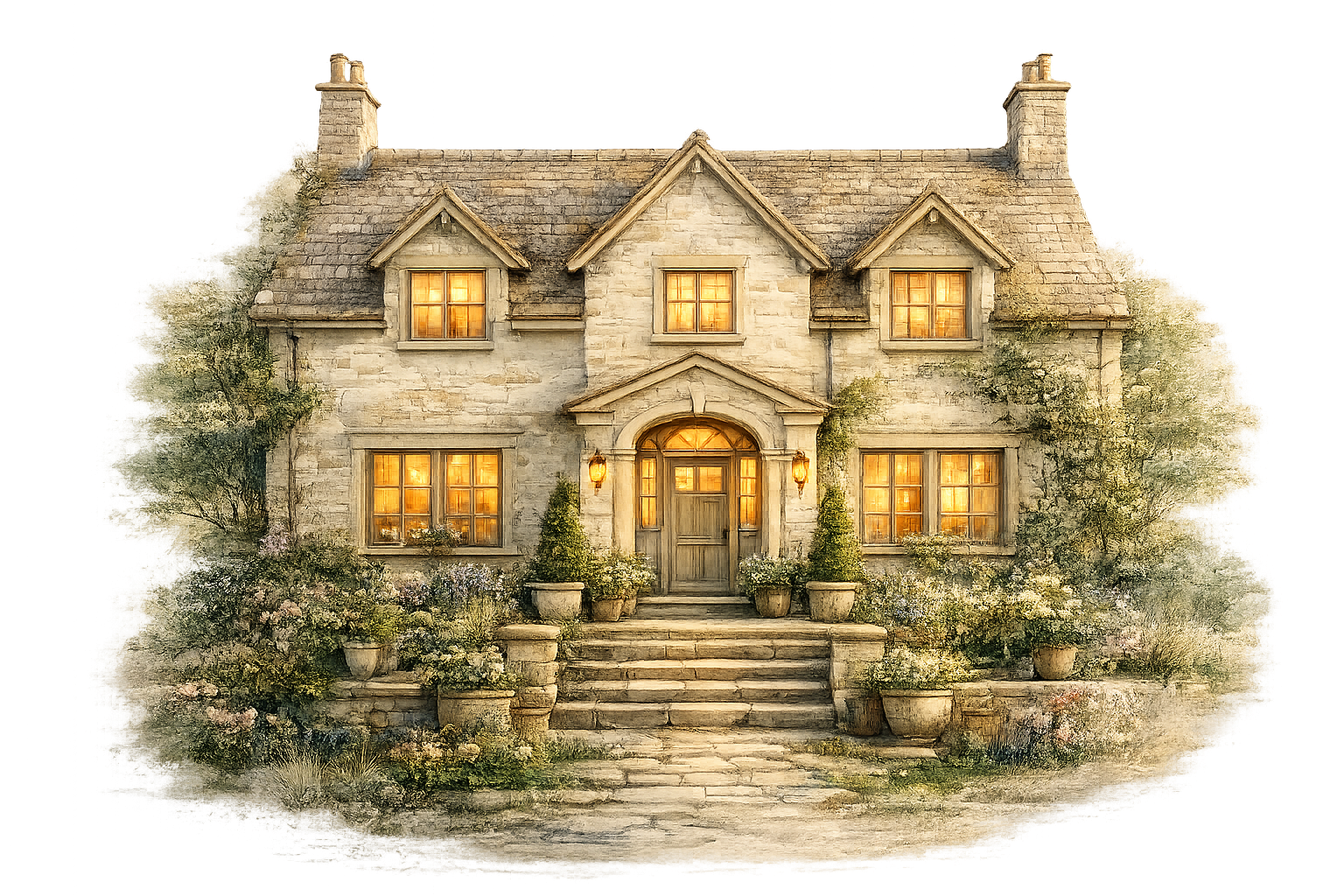 Illustration of a stone cottage with lit windows and a garden